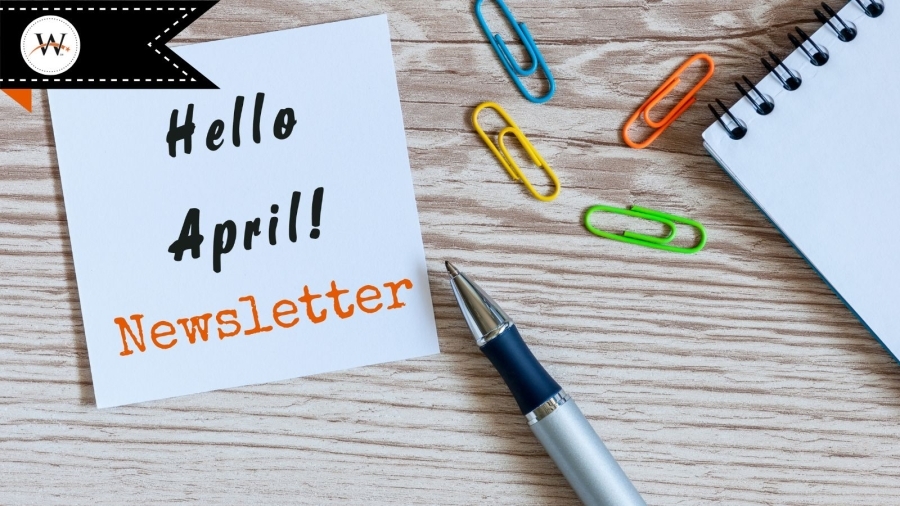 "Hello April! Newsletter" on post it with pen and paperclips